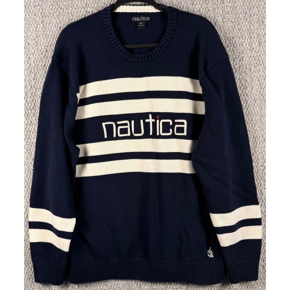 Nautica Sweater Mens 3XL Blue White Striped Logo Cotton Knit Crewneck Pullover